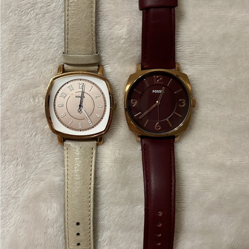 Fossil Gold-Tone Watches with Cream and Brown Leather Straps